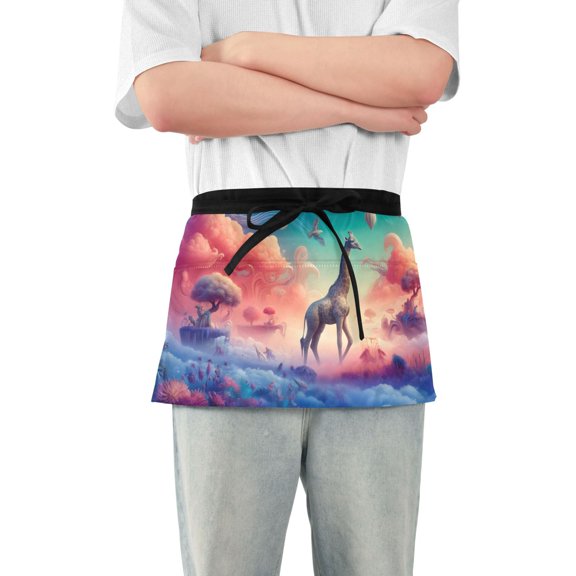 Giraffe in Dreamy Landscape Server Apron with 3 Pockets Waterproof Waitress Waist Short Apron for Man Woman 12 Inches