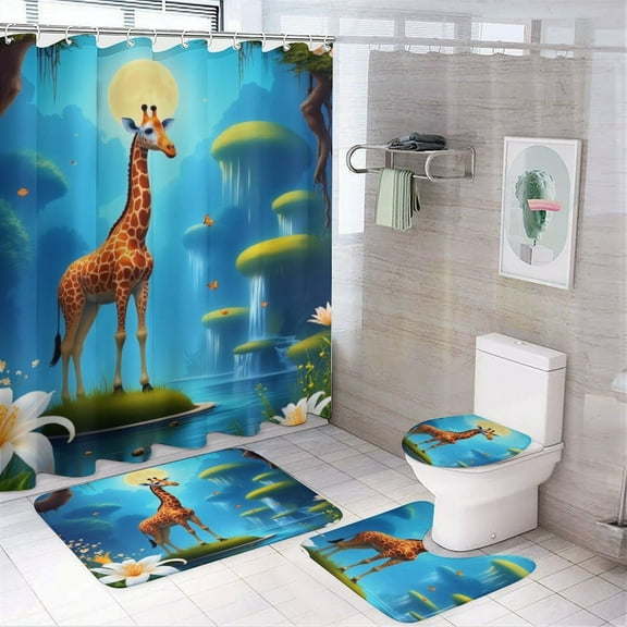Giraffe in Fantasy Jungle Shower Curtain Bathroom Sets Toilet Lid Rug, Bath Mat And Contour Mat, Shower Curtain 4Pcs