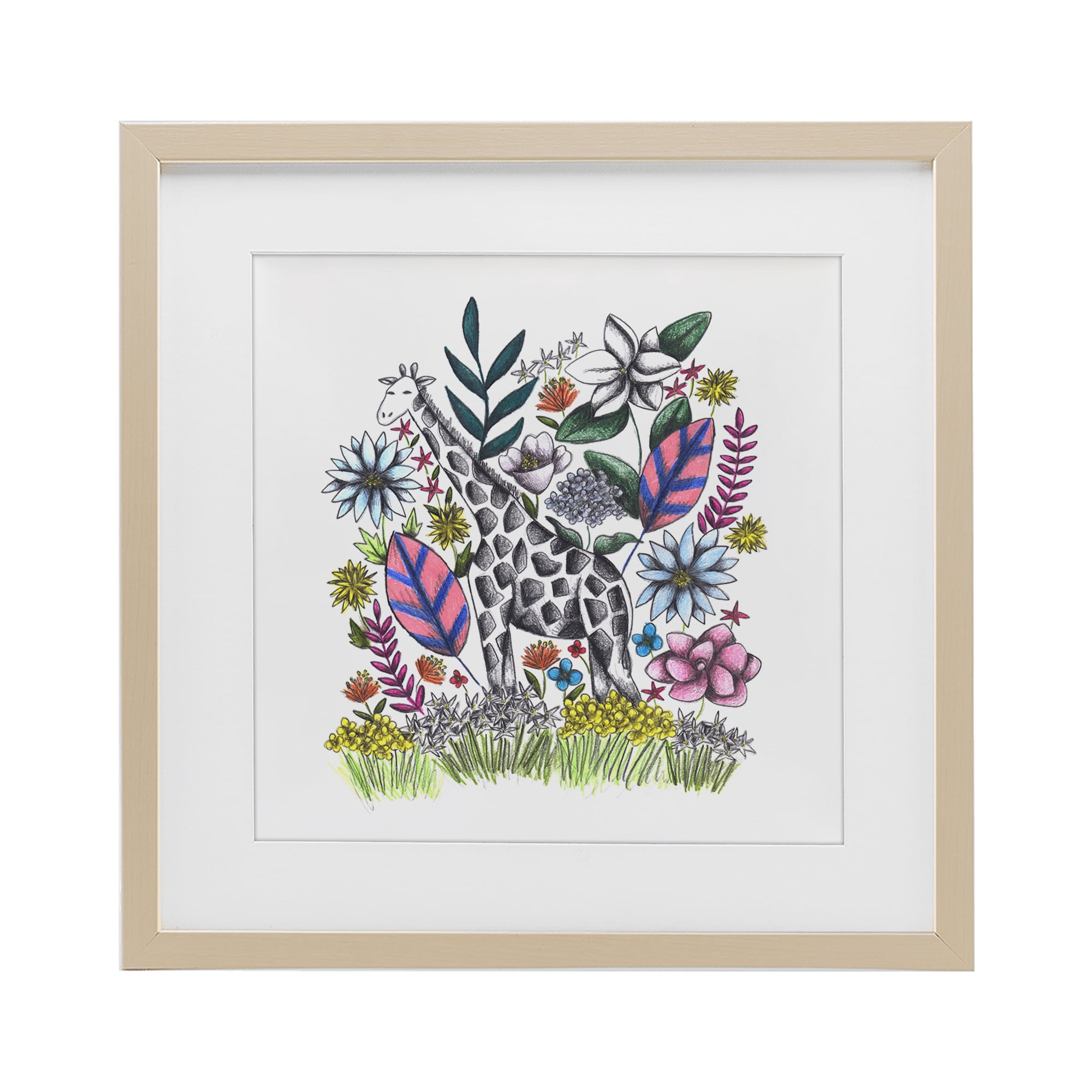 Giraffe in Midst of Flowers Birch Framed Print Under Glass, design by Cecilia Battaini