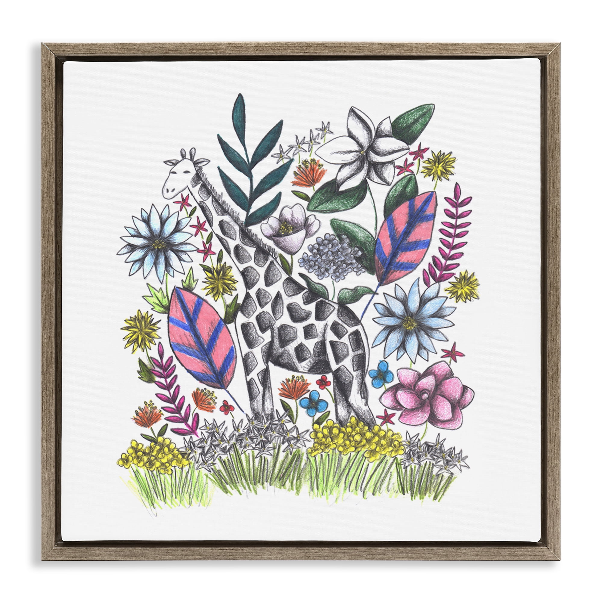 Giraffe in Midst of Flowers Brown Framed Floater Canvas Wall Art, design by Cecilia Battaini