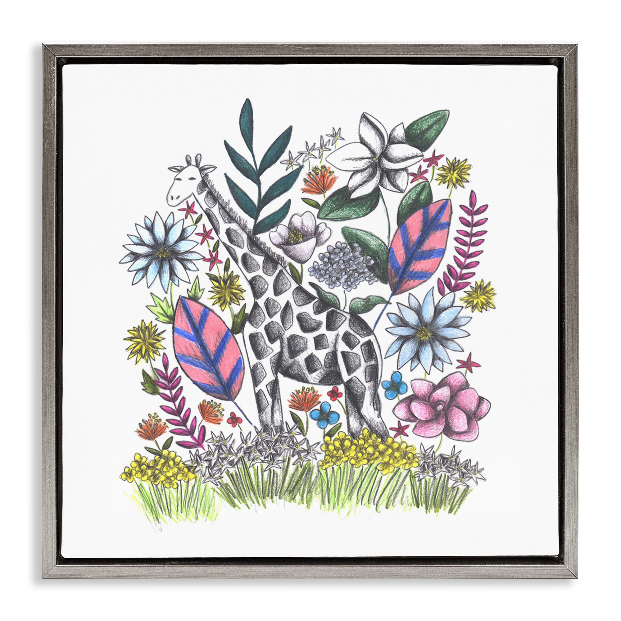 Giraffe in Midst of Flowers Gray Framed Floater Canvas Wall Art, design by Cecilia Battaini