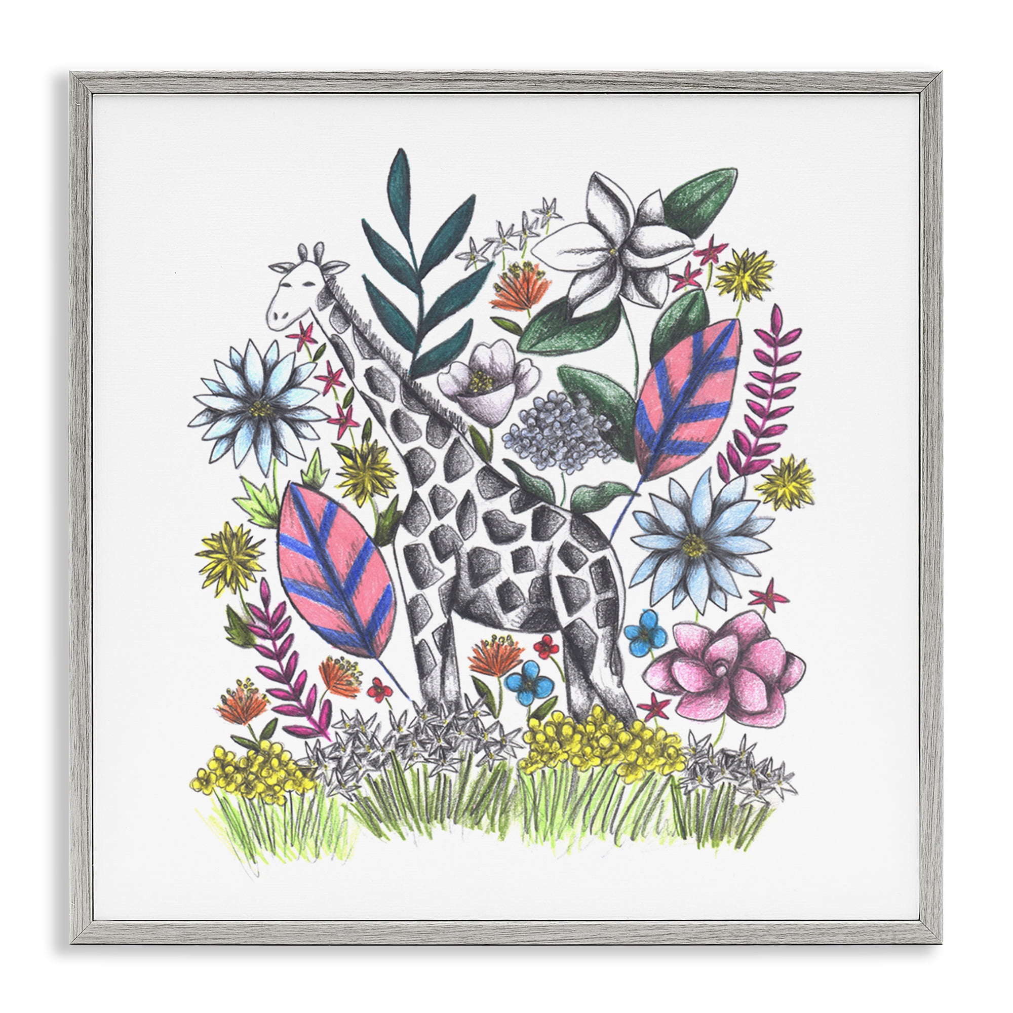 Giraffe in Midst of Flowers Gray Framed Giclee Art, design by Cecilia Battaini