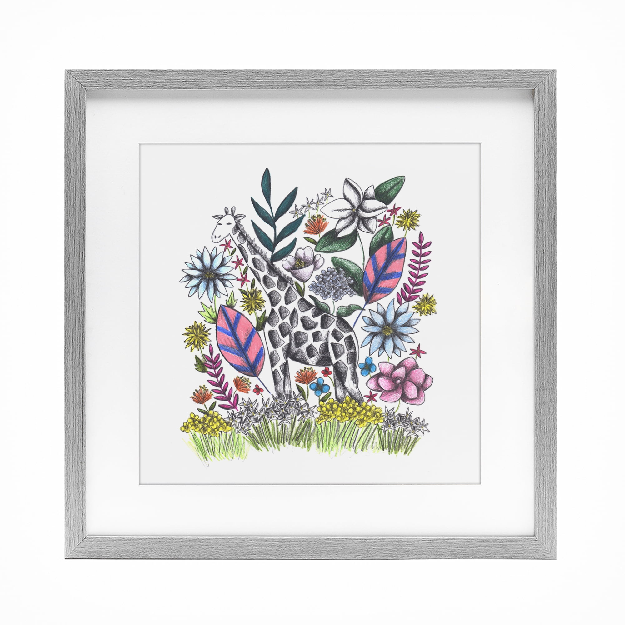 Giraffe in Midst of Flowers Gray Framed Print Under Glass, design by Cecilia Battaini