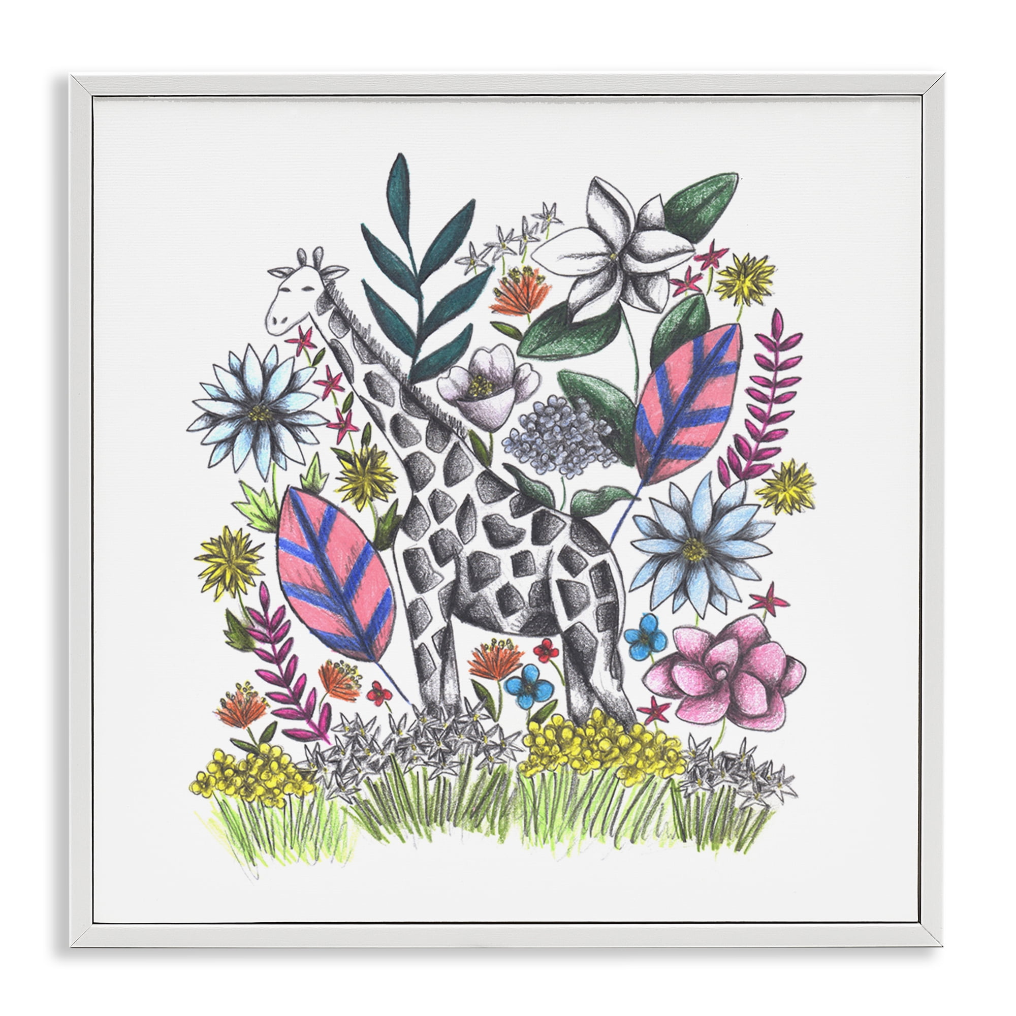 Giraffe in Midst of Flowers White Framed Giclee Art, design by Cecilia Battaini