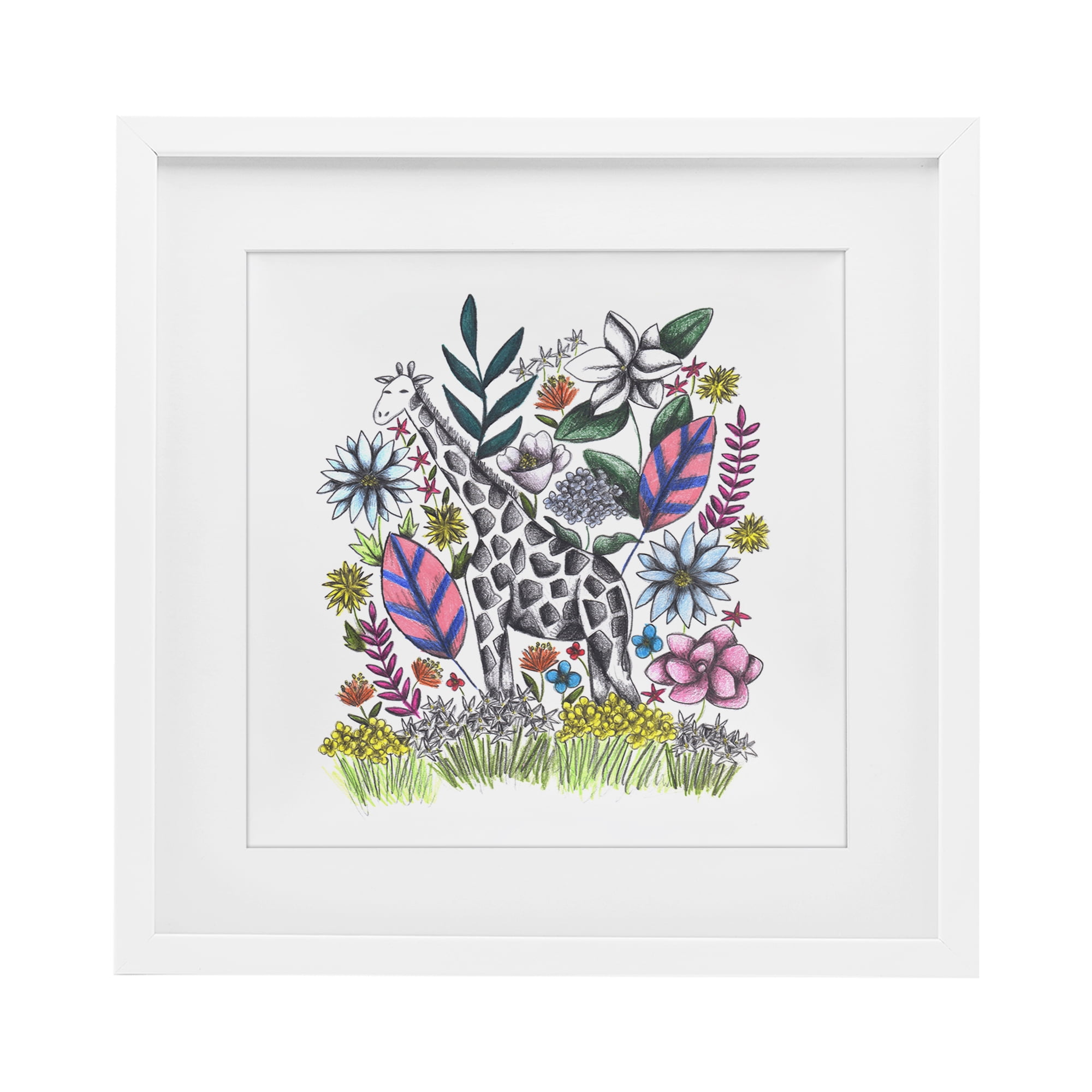 Giraffe in Midst of Flowers White Framed Print Under Glass, design by Cecilia Battaini