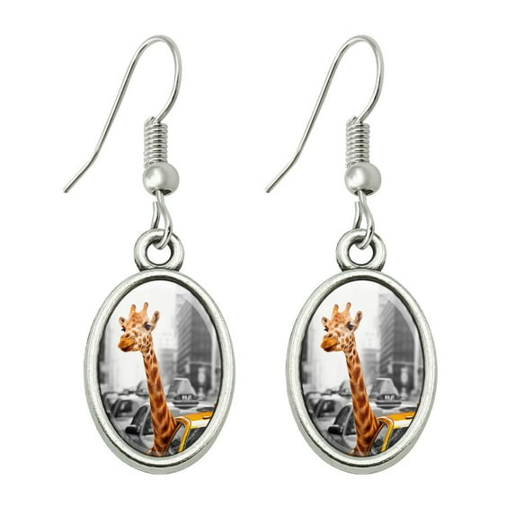 Giraffe in Taxi Novelty Dangling Drop Oval Charm Earrings