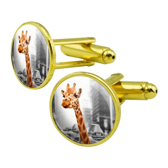Giraffe in Taxi Round Cufflink Set Gold Color