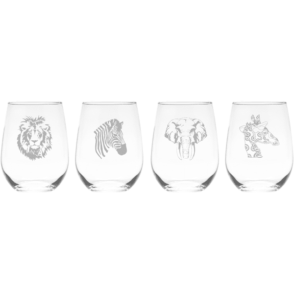 C&M Personal Gifts Giraffe, Lion, Elephant, and Zebra 17 oz. Stemless Wine Glass Set  Africa Animals Themed Gift - 4 Pieces