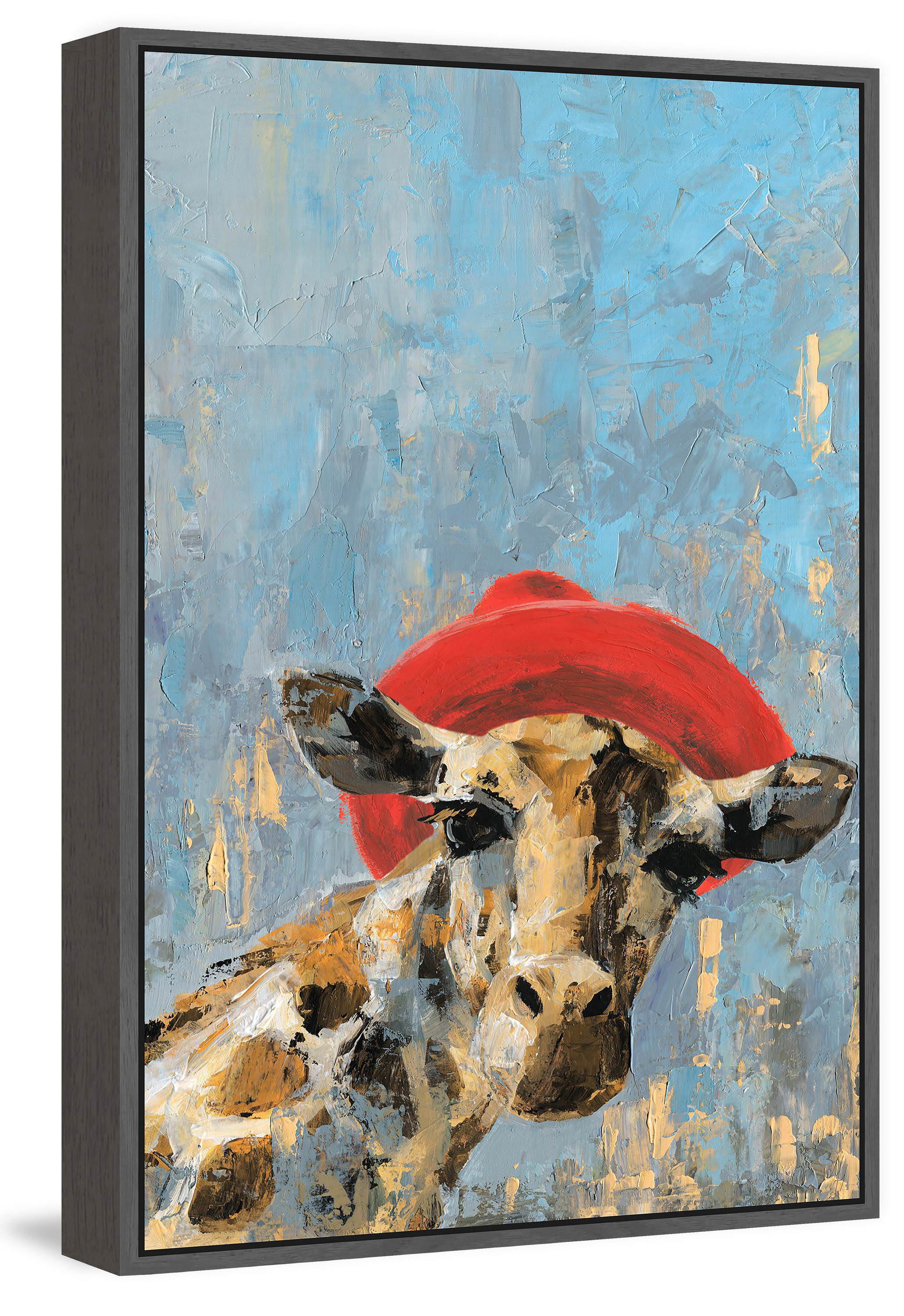 Giraffe's Red Hat Floater Framed Painting Print on Canvas