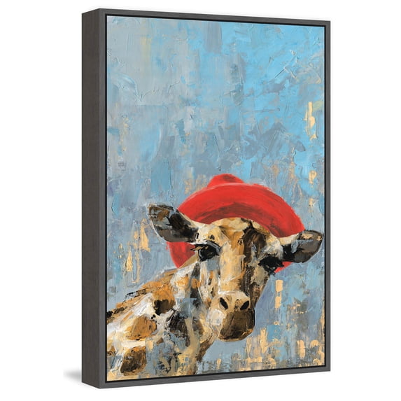 Giraffe's Red Hat Floater Framed Painting Print on Canvas