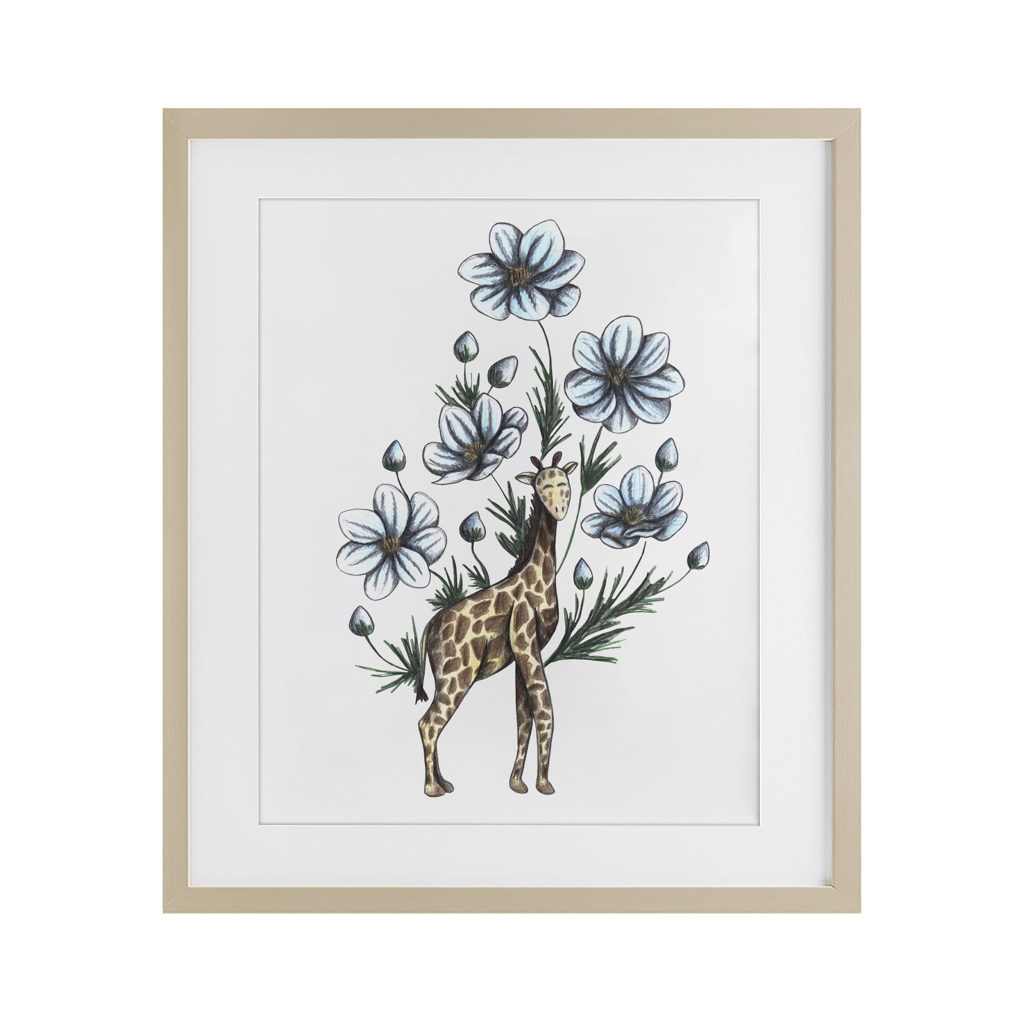 Giraffe with Flower Blossoms Birch Framed Print Under Glass, design by Cecilia Battaini