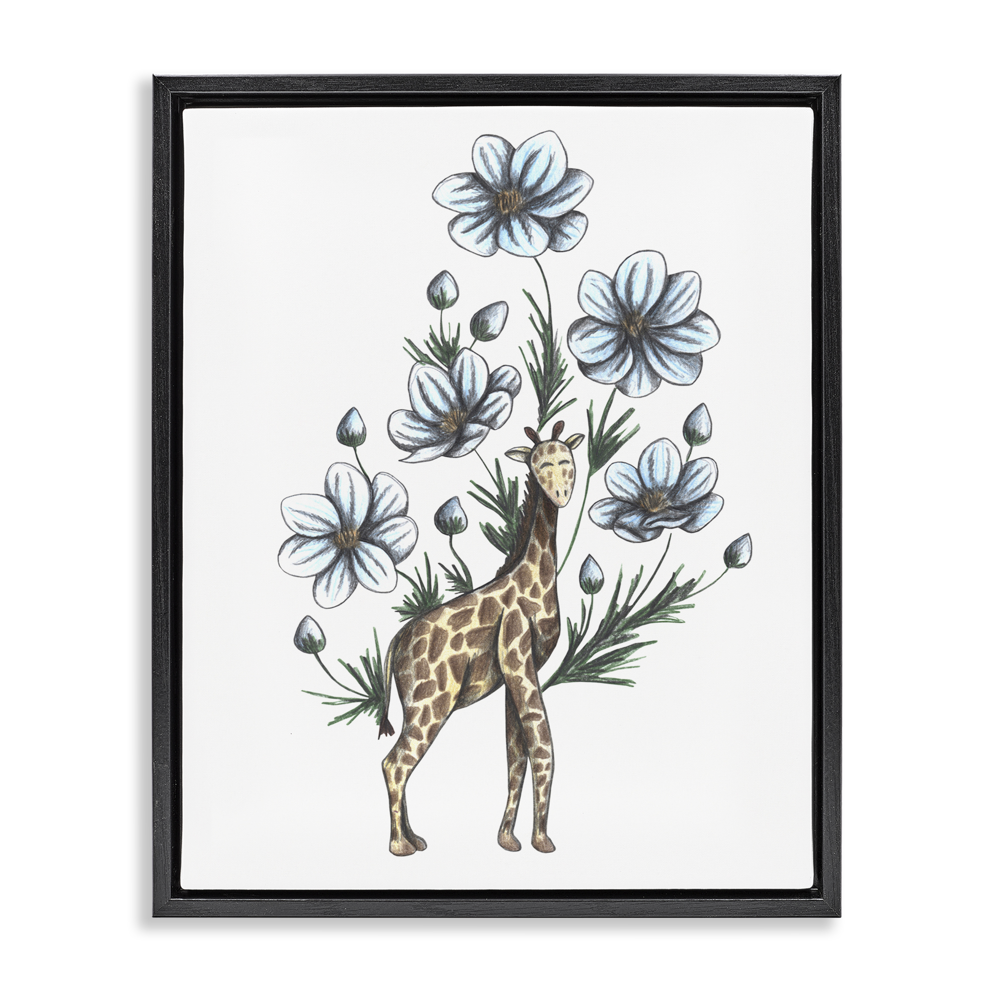 Giraffe with Flower Blossoms Black Framed Floater Canvas Wall Art, design by Cecilia Battaini