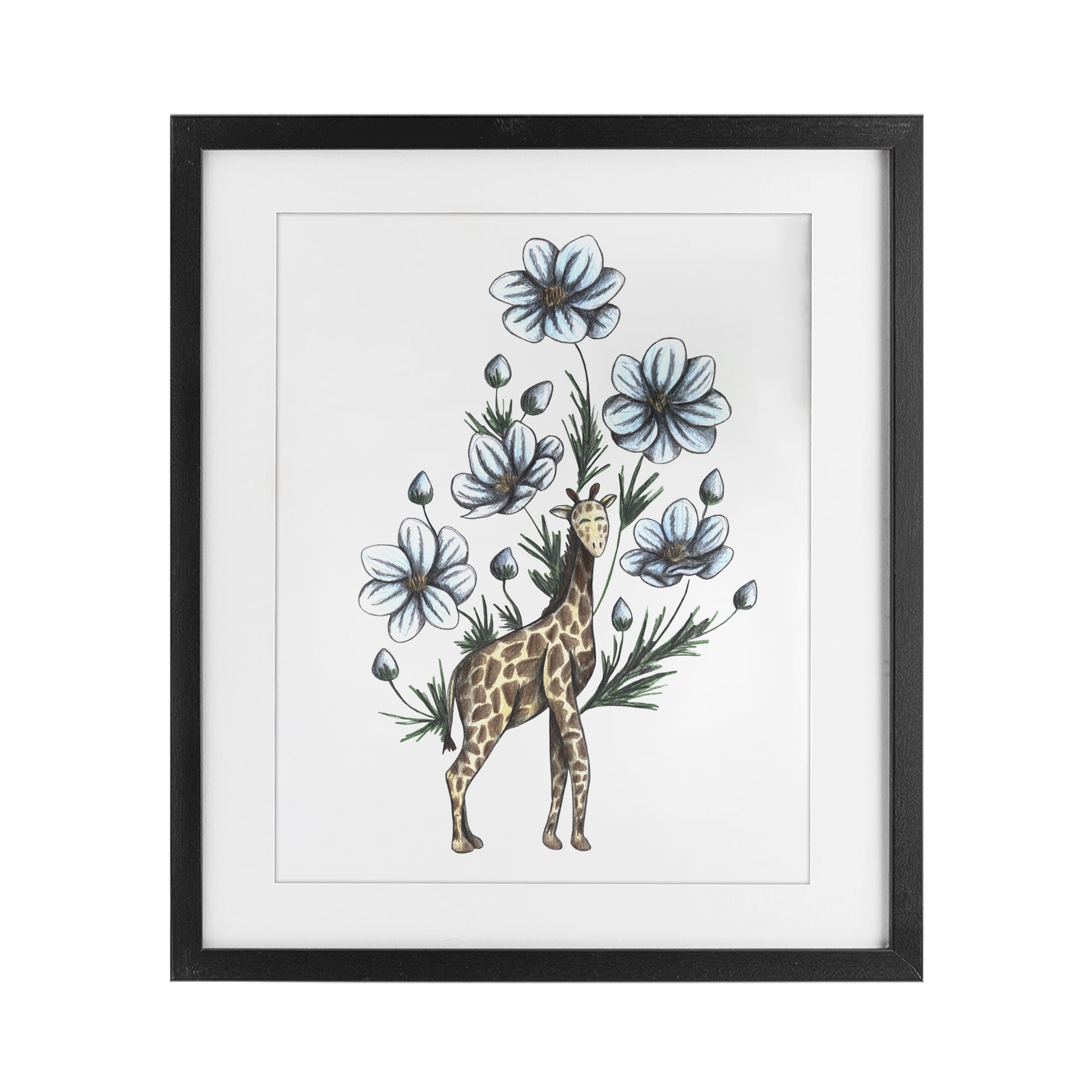 Giraffe with Flower Blossoms Black Framed Print Under Glass, design by Cecilia Battaini