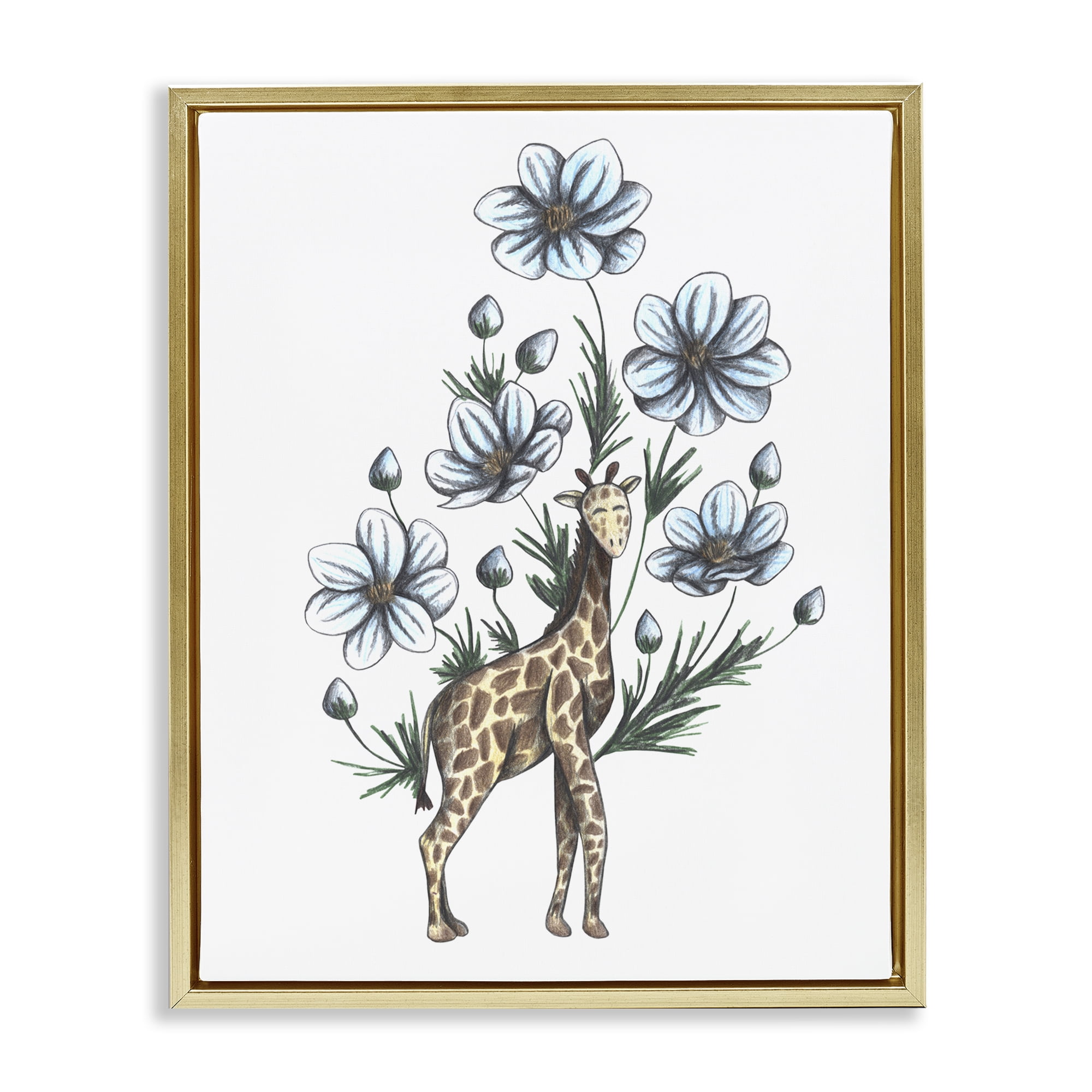 Giraffe with Flower Blossoms Gold Framed Floater Canvas Wall Art, design by Cecilia Battaini