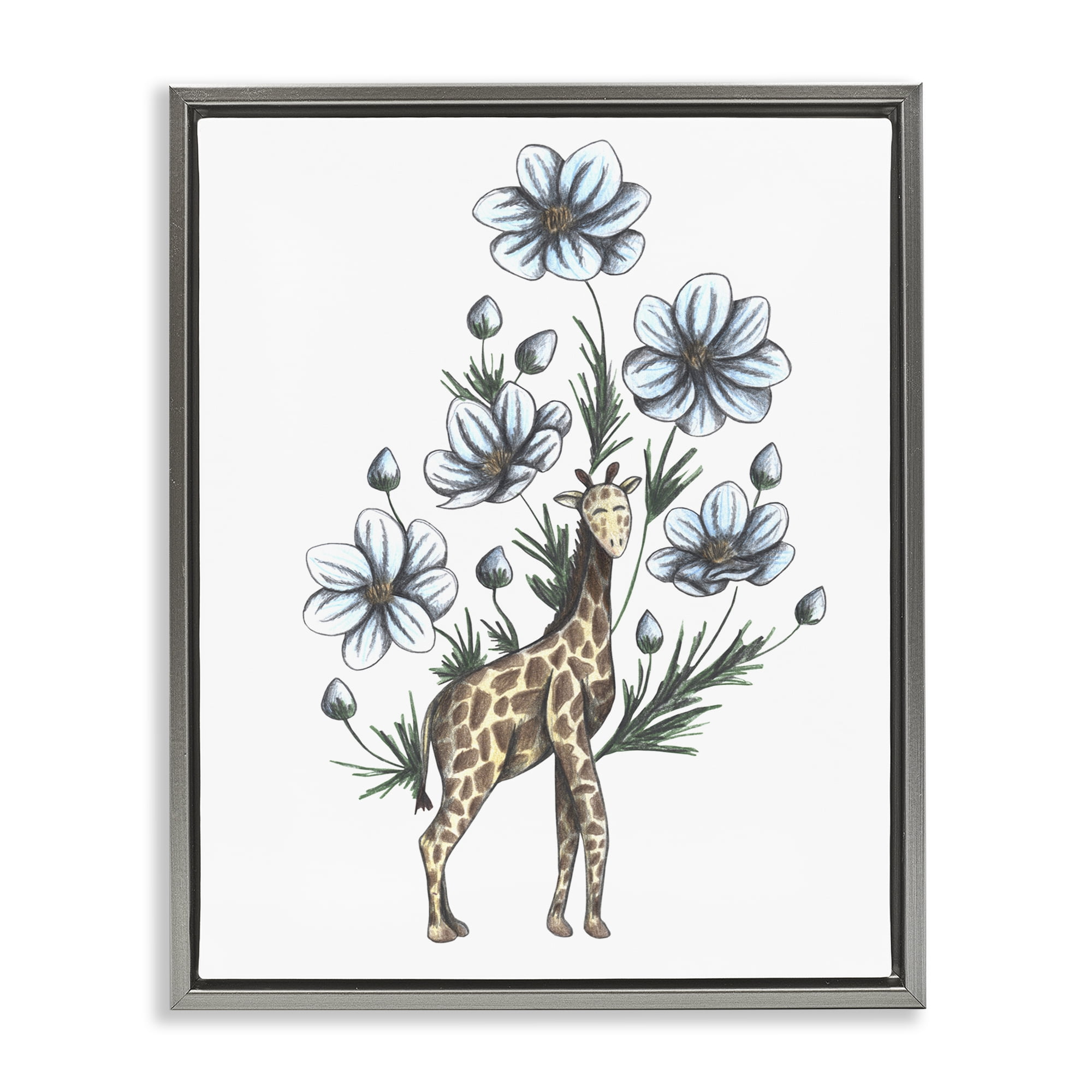 Giraffe with Flower Blossoms Gray Framed Floater Canvas Wall Art, design by Cecilia Battaini