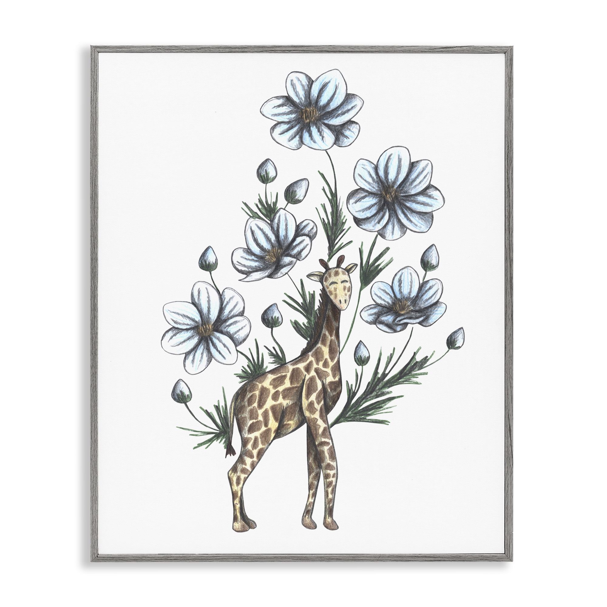 Giraffe with Flower Blossoms Gray Framed Giclee Art, design by Cecilia Battaini