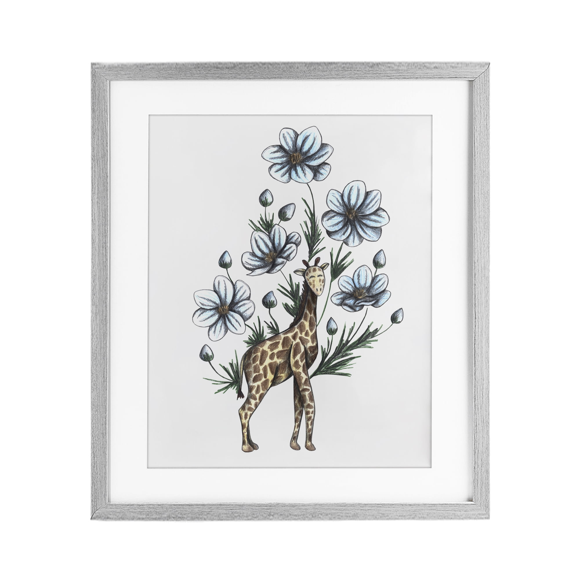 Giraffe with Flower Blossoms Gray Framed Print Under Glass, design by Cecilia Battaini