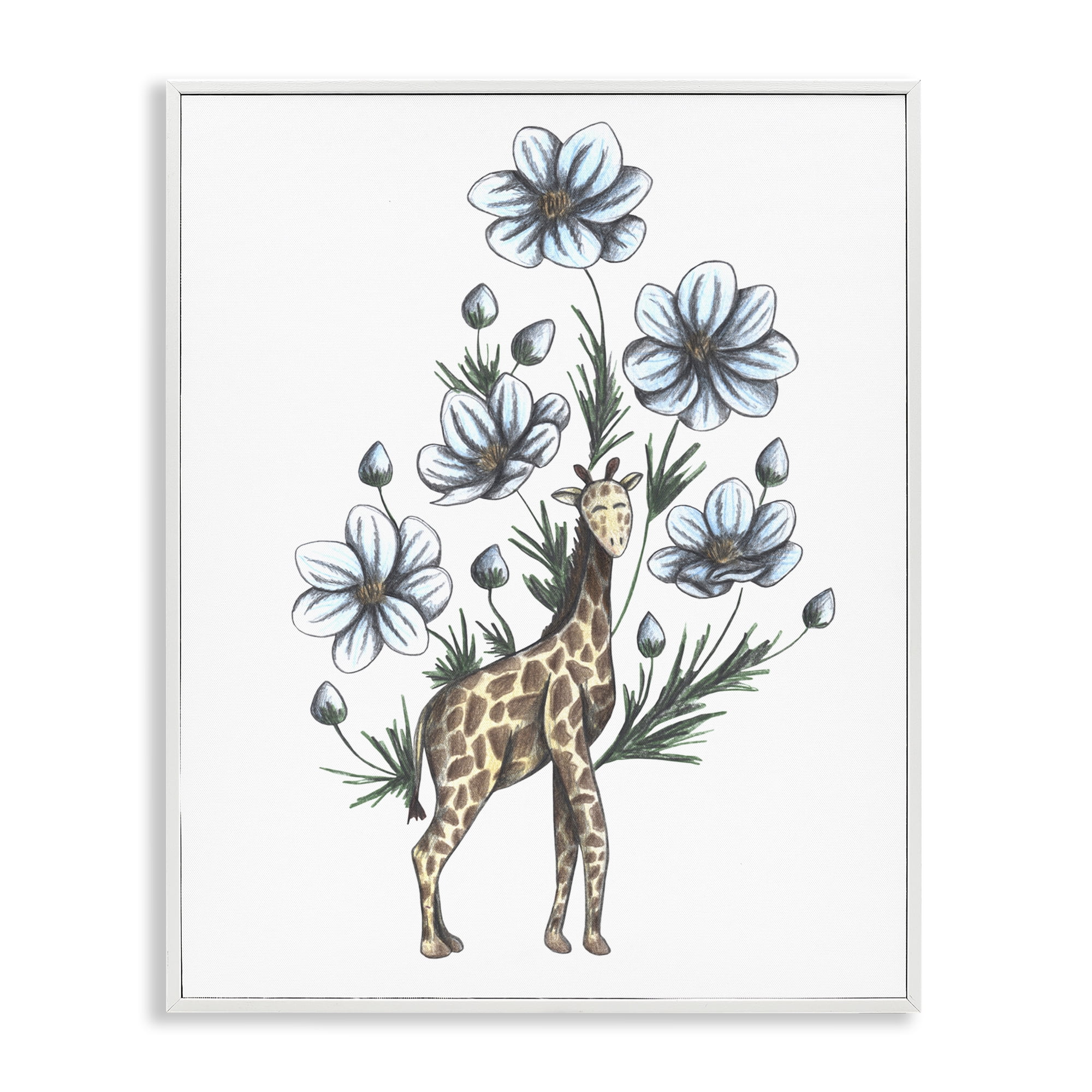 Giraffe with Flower Blossoms White Framed Giclee Art, design by Cecilia Battaini