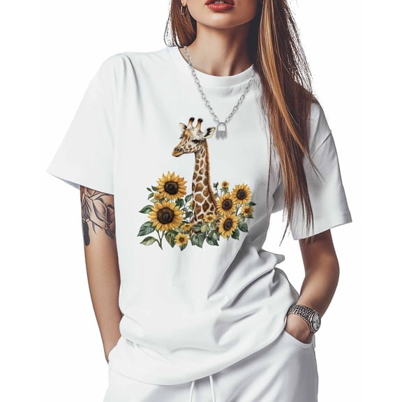 Giraffe with Sunflower Womens T Shirts Short Sleeve Cotton Crewneck T-Shirt Graphic Tees, Casual Tops Tshirt for Women Teen Girls