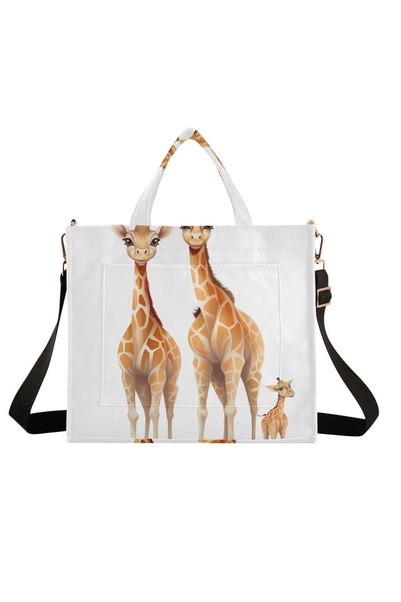 Giraffes Corduroy Tote Bag Handbag Large Messenger Bag Shoulder Crossbody Zipper Bag Purse