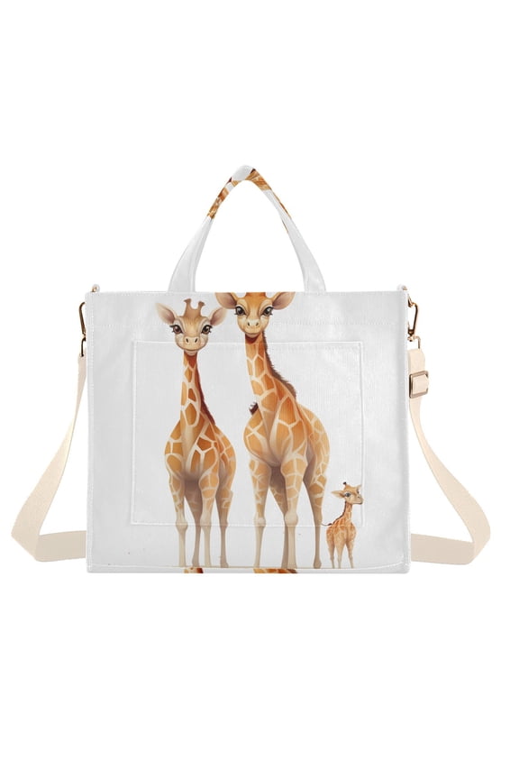 Giraffes Corduroy Tote Bag Handbag Large Messenger Bag Shoulder Crossbody Zipper Bag Purse
