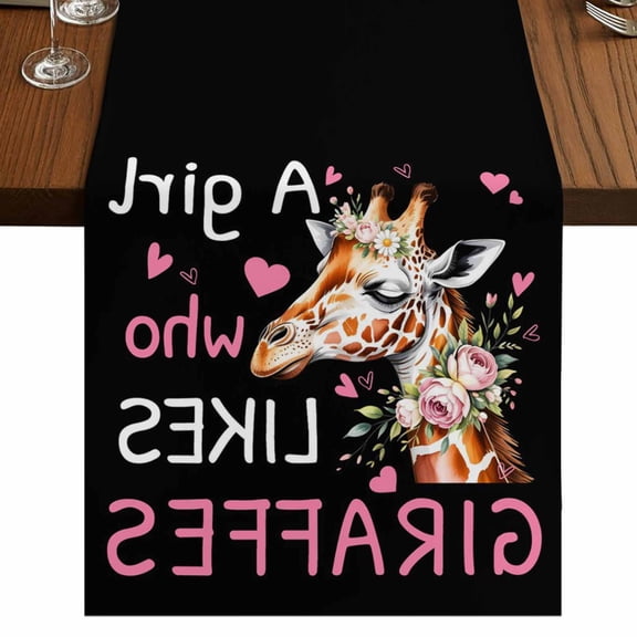 Giraffes Flowers 36 Inch Table Runner, A Girl Who Likes Giraffes Elegant Animals Black Farmhouse Dresser Scarf Cotton & Linen Tablerunner for Dining/Kitchen Island Small 13" x 36"