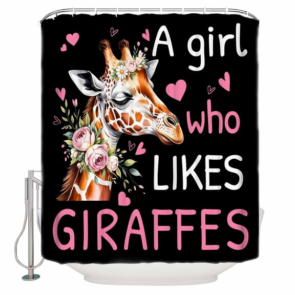 Giraffes Flowers Bathroom Shower Curtains with 12 Hooks Waterproof Shower Curtain for Stalls Bathtubs A Girl Who Likes Giraffes Elegant Animals Black Decorative Bathroom Privacy Curtain 36x78 Inches