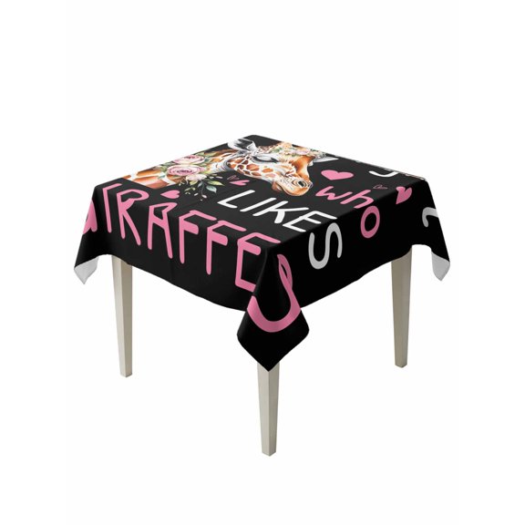 Giraffes Flowers Table Cloth, Waterproof Tablecloth for Square Tables, A Girl Who Likes Giraffes Elegant Animals Black Reusable Washable Fabric Table Cover for Restaurant Kitchen Dining 54"x54"