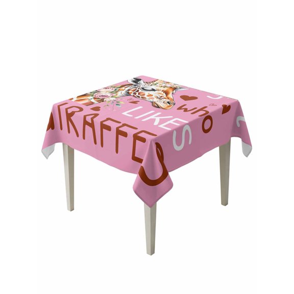 Giraffes Flowers Table Cloth, Waterproof Tablecloth for Square Tables, A Girl Who Likes Giraffes Elegant Animals Pink Reusable Washable Fabric Table Cover for Restaurant Kitchen Dining Tables 54"x54"