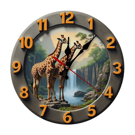Giraffes Waterfall Landscape Wall Clock 10 Inch Silent Non Ticking Round Clock Decoration for Living Room Kitchen Bedroom Bathroom Office Classroom