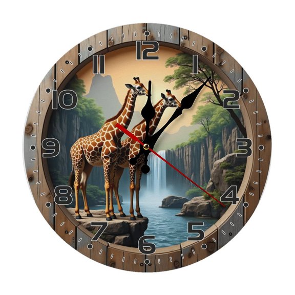 Giraffes Waterfall Landscape Wall Clock 10 Inch Silent Non Ticking Round Wooden Clock Decoration for Living Room Kitchen Bedroom Bathroom Office Classroom