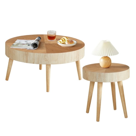 YOCWO 2-Piece Modern Round Coffee Table Set for Living Room, Faux Wood End Table, Natural, 29.13" D * 14.17" H, 15.75" D * 17.71" H