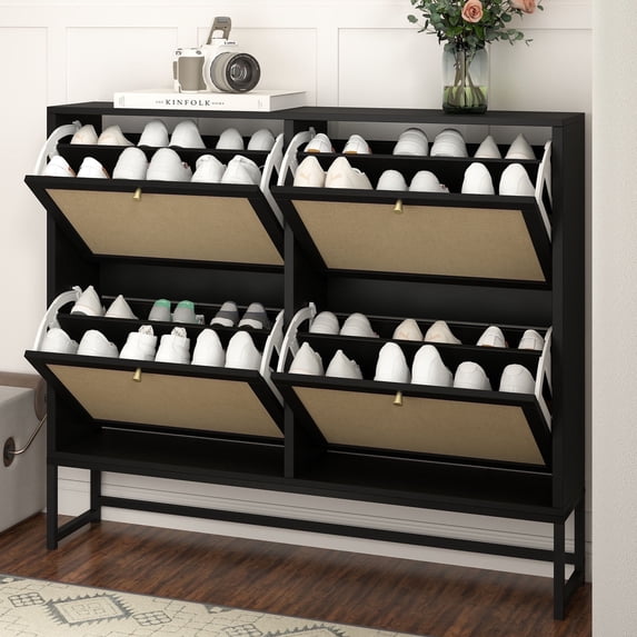 YOCWO 2 Tier Shoe Cabinet with 4 Flip Drawers, Narrow Shoe Storage Cabinet for Entryway, Black