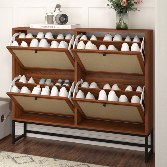 YOCWO 2 Tier Shoe Cabinet with 4 Flip Drawers, Narrow Shoe Storage Cabinet for Entryway, Walnut