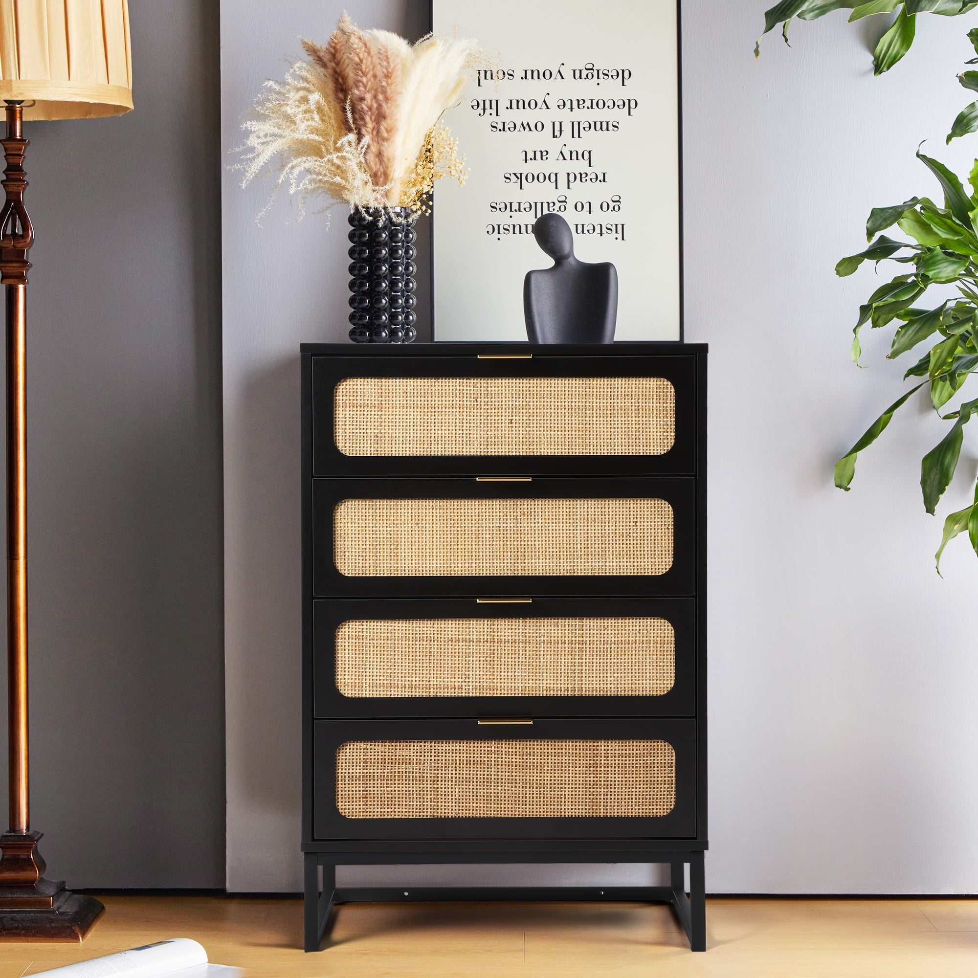 Giratree 4 Drawer Dresser, Decorative Horizontal Wooden, Rattan Chest with Metal Handles (Black ...