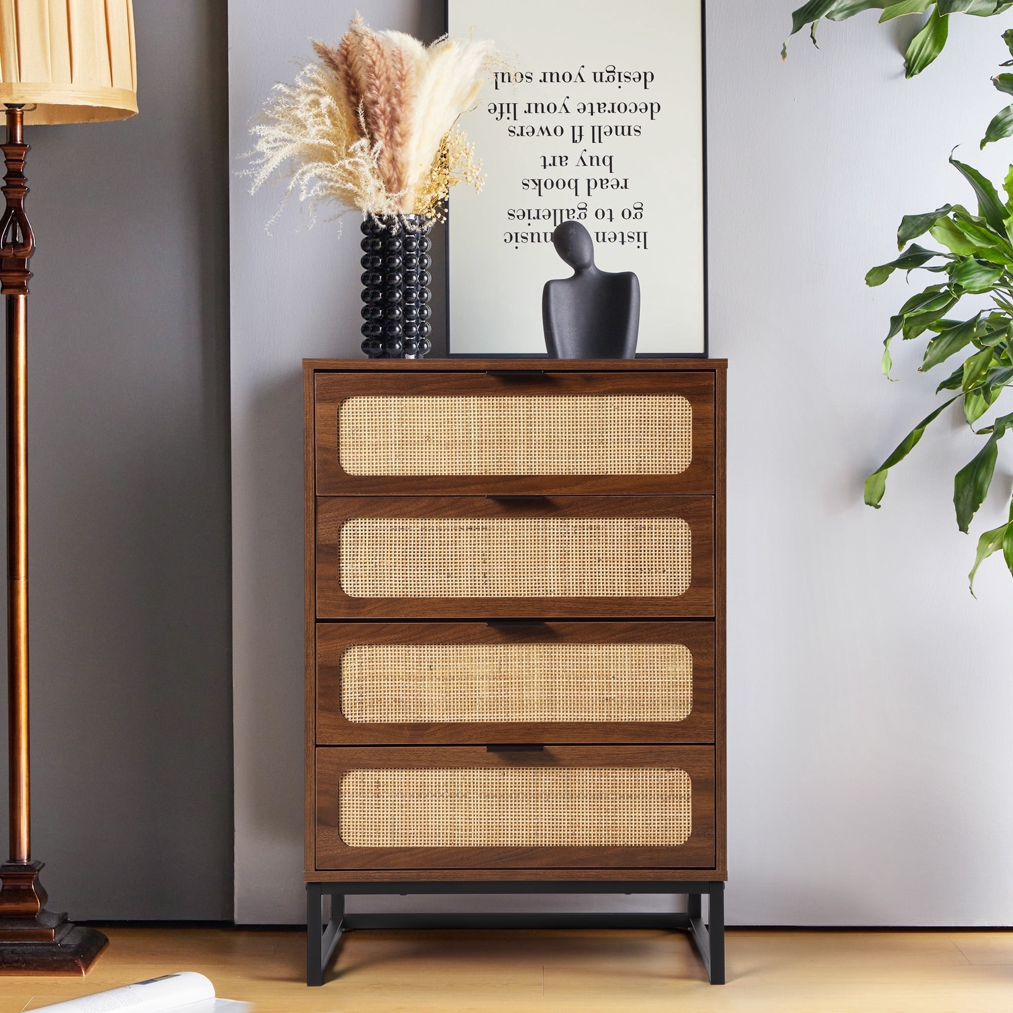 "Giratree 24"" 4 Drawer Dresser, Rattan Chest, Farmhouse Wood Storage for Bedroom, Living Room ...