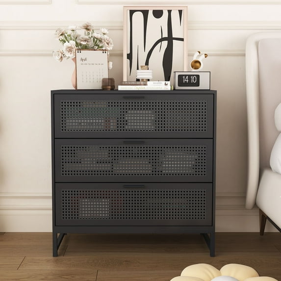 YOCWO 3 Drawer Dressers for Bedroom with Hollow Iron Rattan, Black, 30" Wide, 32" Tall