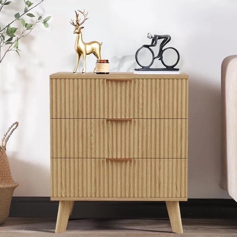 YOCWO 3 Drawer Fluted Nightstand, Wood Fluted Bedside Table for Bedroom, Beige