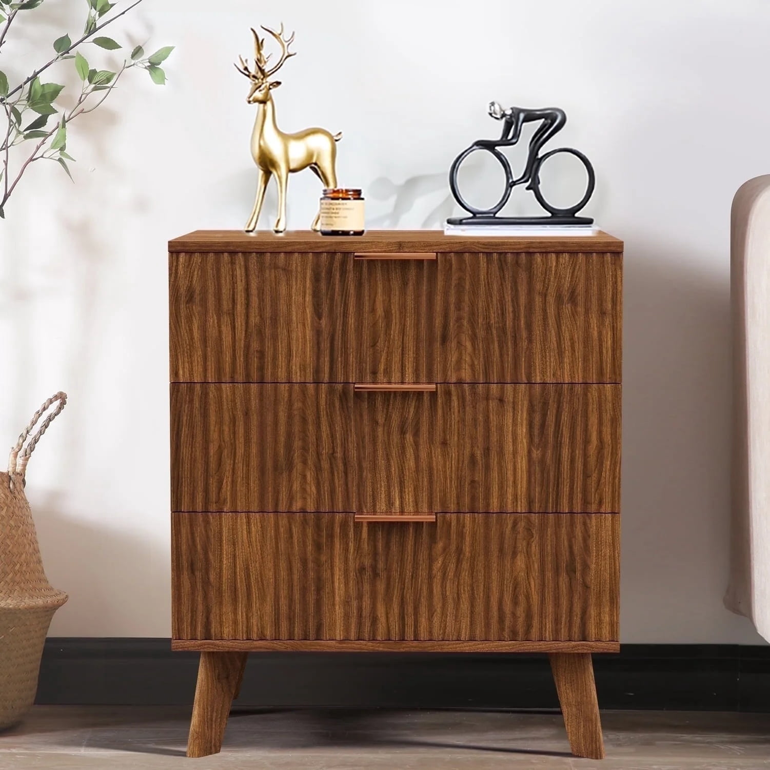 Giratree 3 Drawer Fluted Nightstand, Wood Chest of Drawer for Bedroom, Walnut