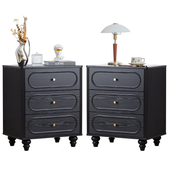 YOCWO 3 Drawer Nightstand for Bedroom Set of 2, Classic Chest of Drawers with Arc Edge, Black