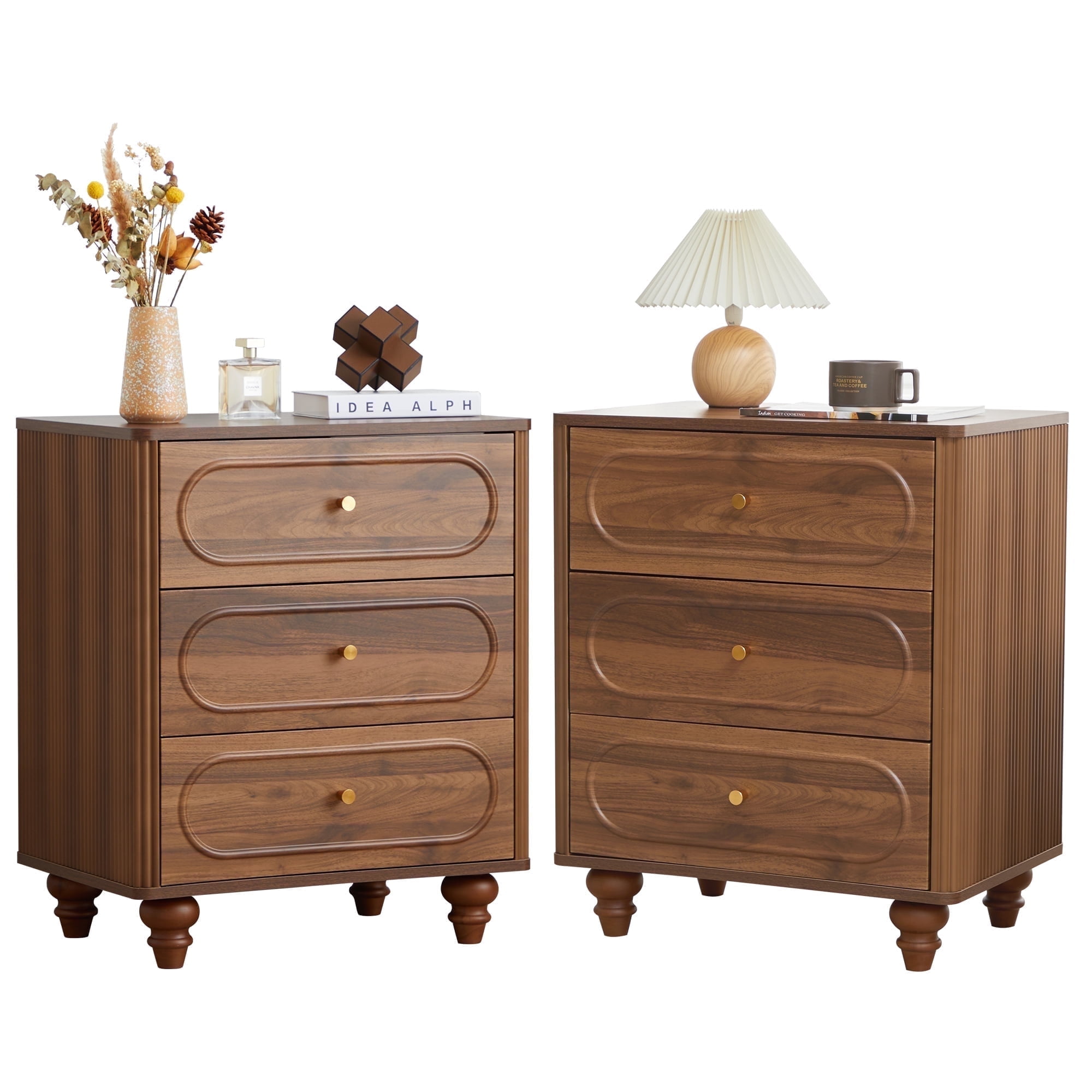YOCWO 3 Drawer Nightstand for Bedroom Set of 2, Classic Chest of Drawers with Arc Edge, Walnut
