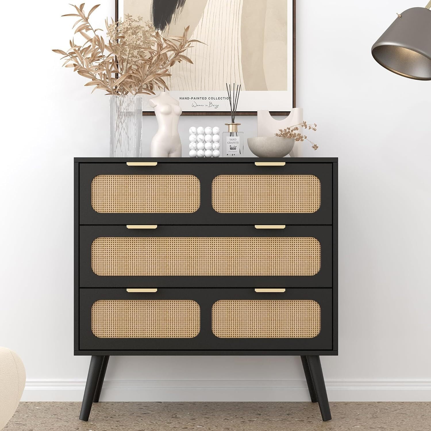 Giratree 3 Drawer Rattan Dresser for Bedroom, Black, 32" Wide - Walmart.com