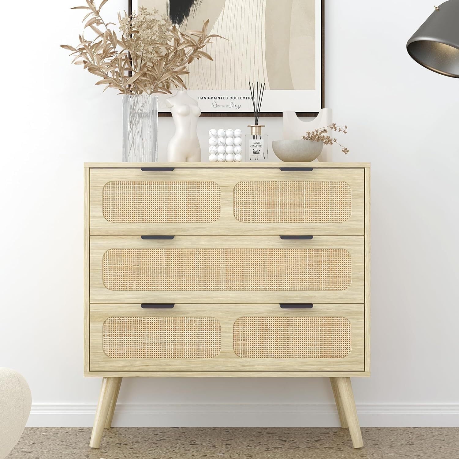 Giratree 3 Drawer Rattan Dresser, Wooden Bedroom Furniture, Natural, 32 ...