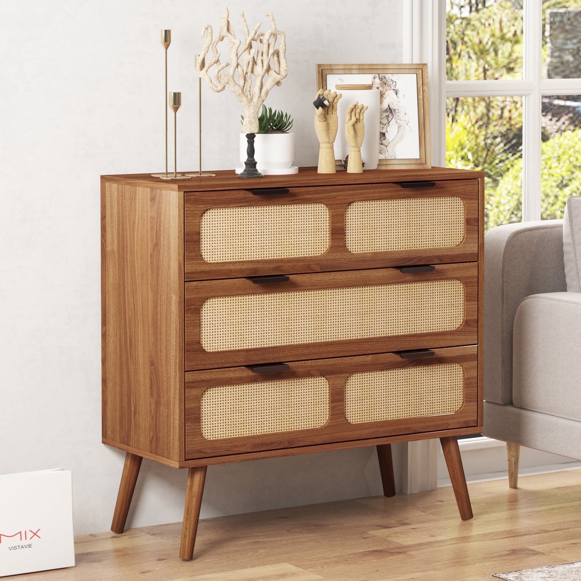 Giratree Farmhouse 3 Drawer Rattan Dresser, Walnut, 32" Wide - Walmart.com