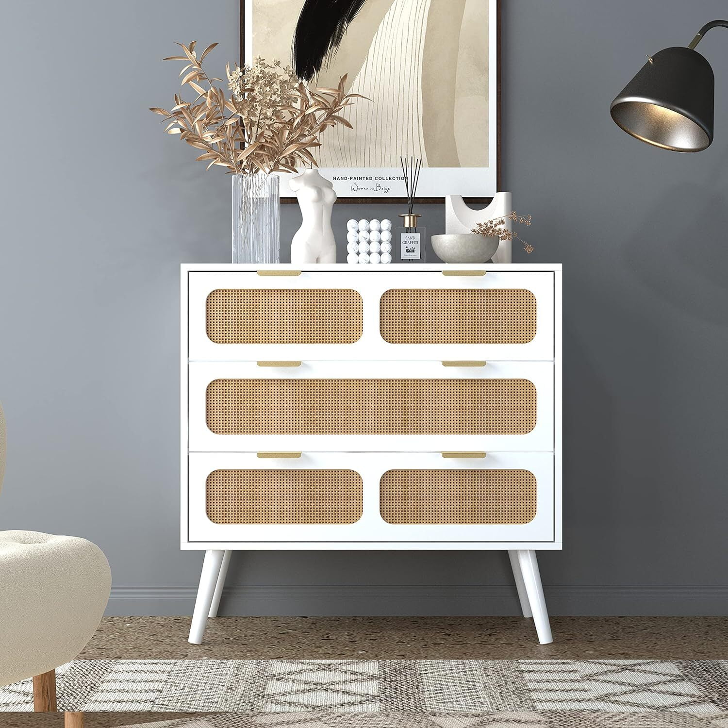 Giratree 3 Drawer Rattan Dresser for Bedroom, White, 32" Wide - Walmart.com