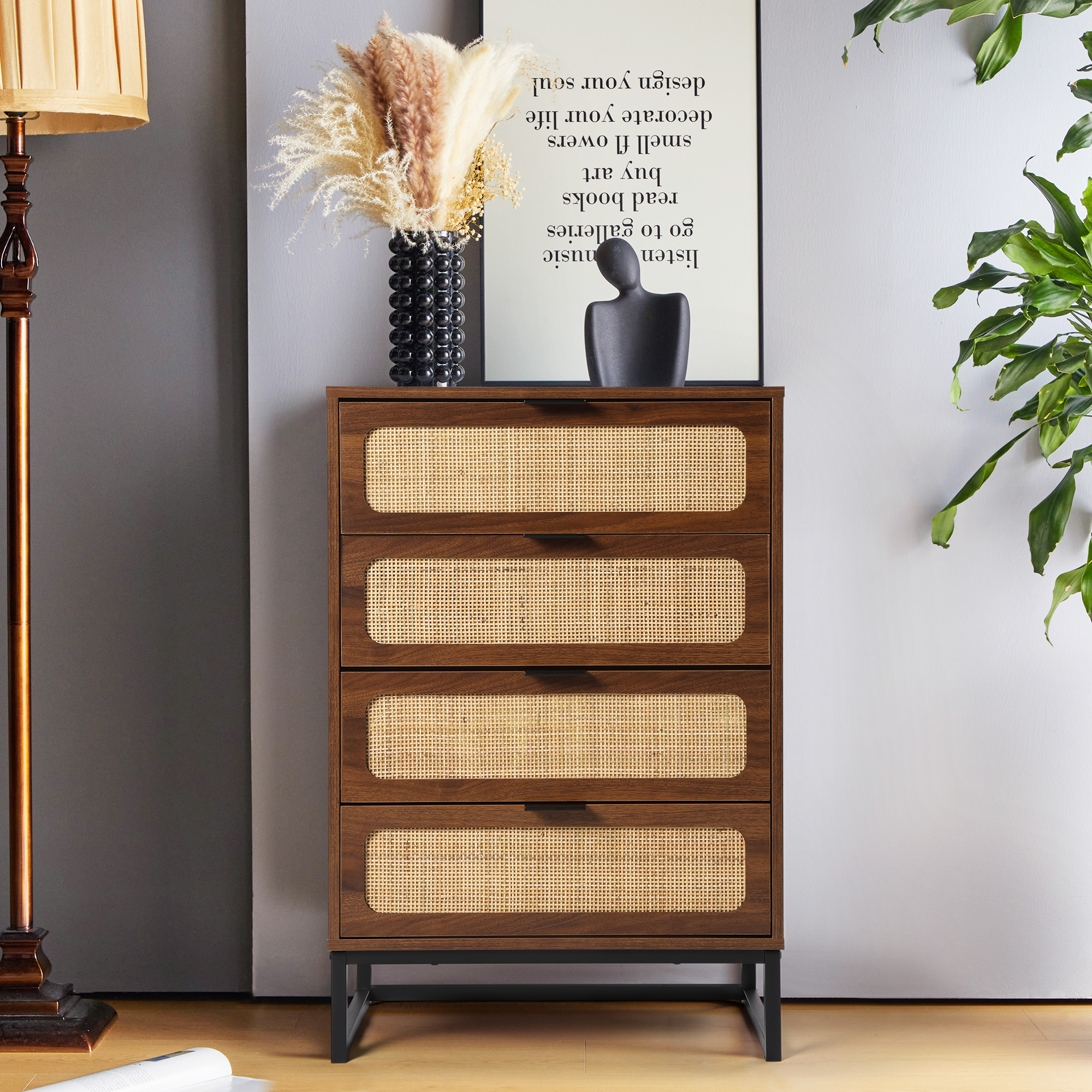 3 Drawer Dresser Rattan Wood Dresser Chest of Drawers Large Storage