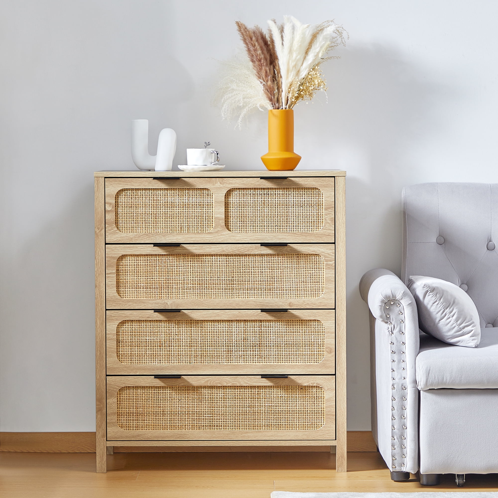 Giratree 4 Drawer Rattan Dresser for Bedroom, Natural, 30" Wide ...