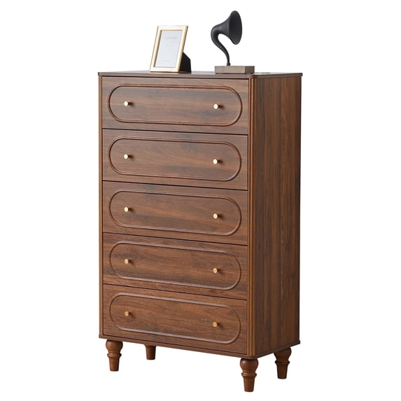 YOCWO 5 Drawer Fluted Dresser for Bedroom, Mid Century Chest of Drawers with Arc Edge, Wood Storage Large Tall Dresser Organizer for Bedroom Living Room Hallway Closet, Walnut