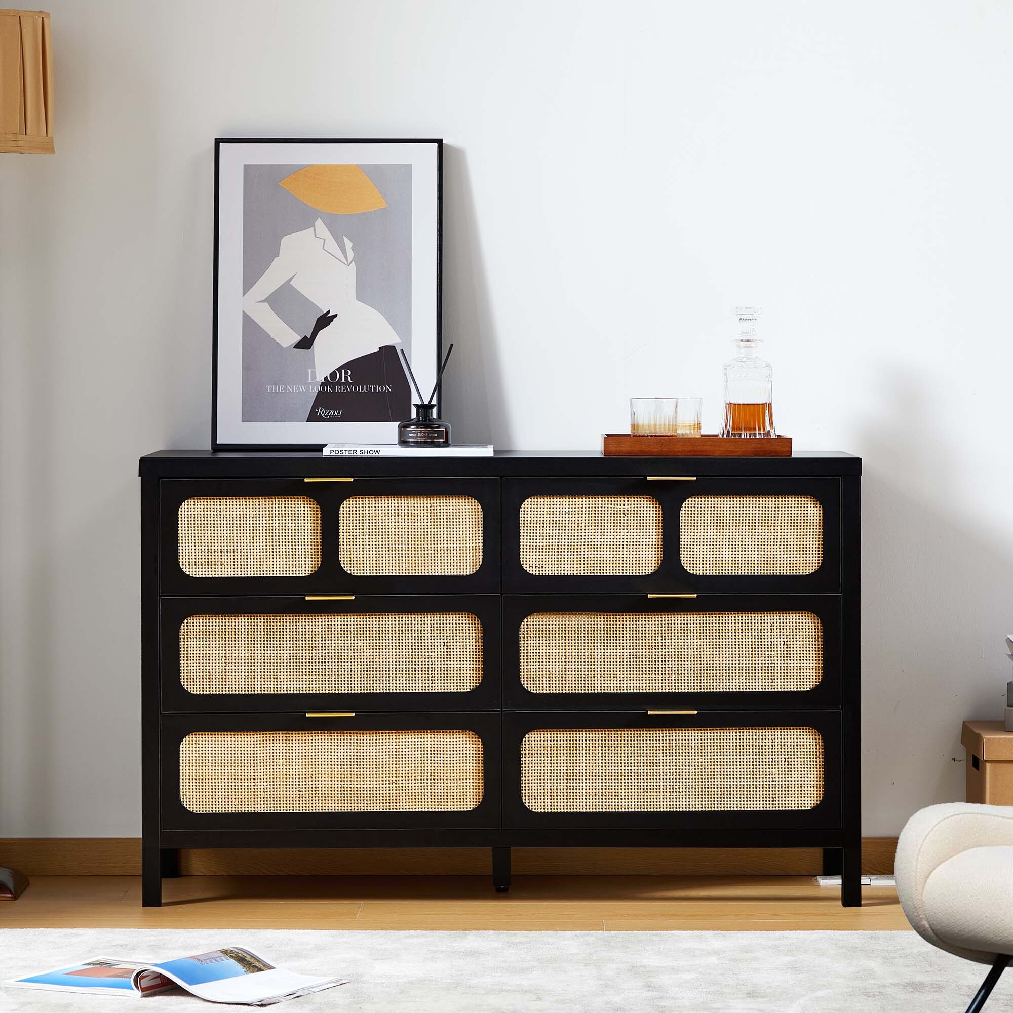 Novogratz Kelly 6 Drawer Dresser, Faux Rattan & Black Oak