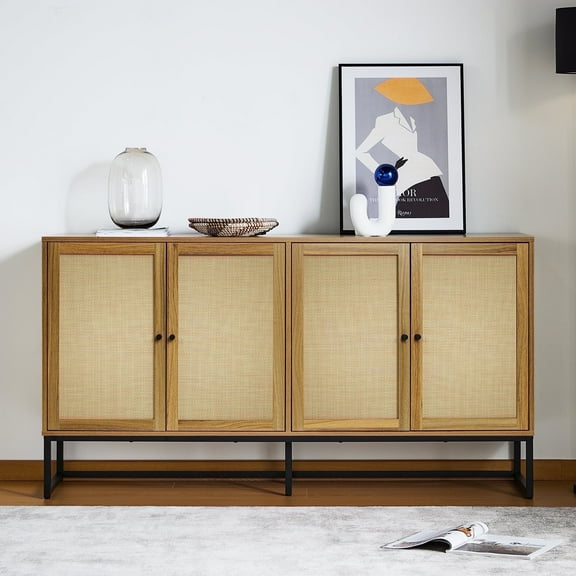 YOCWO 60" Sideboard Buffet Cabinet, Storage Cabinet with 4 Textilene Doors, Walnut